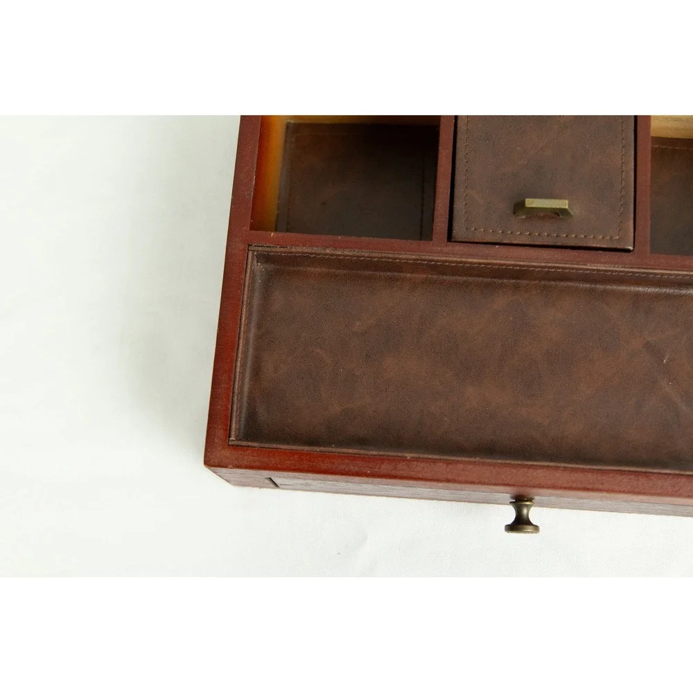 Vintage Wood Valet Box Jewelry Organizer Charging Station Brown Faux Leather